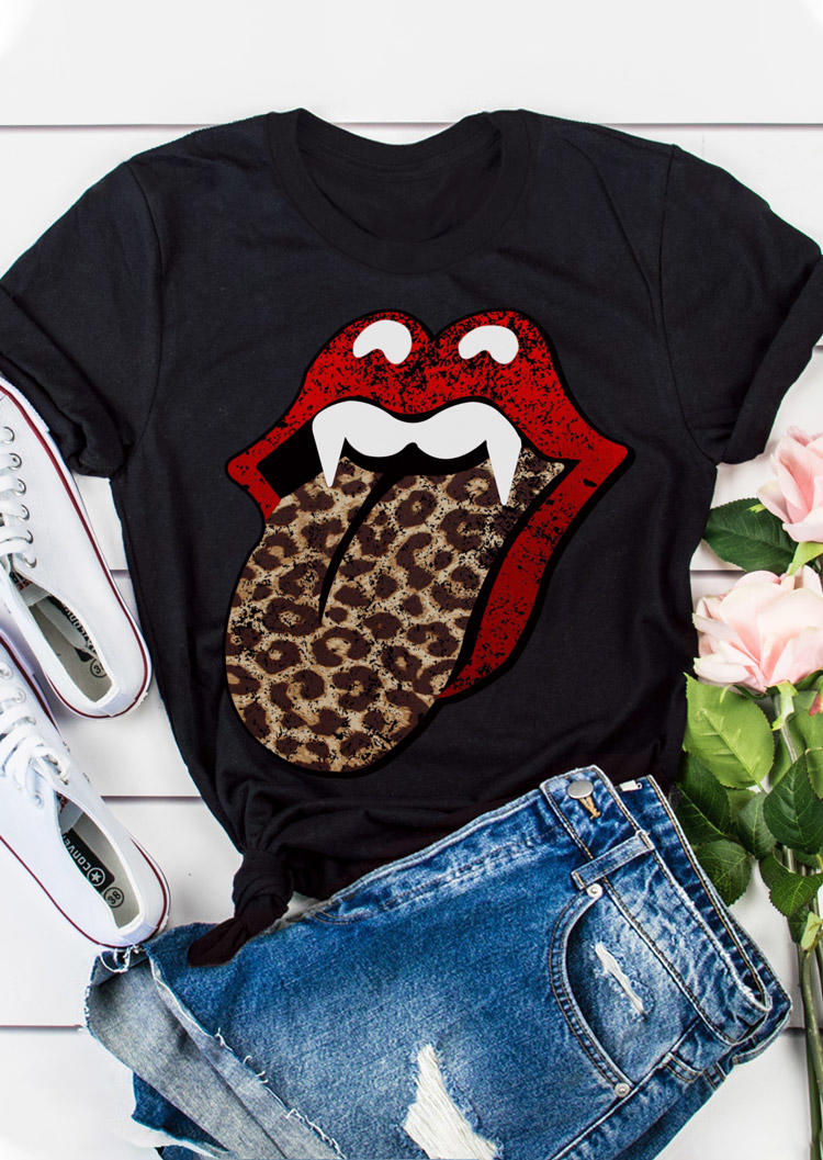 

Vampire Teeth Leopard Tongue Lips T-Shirt Tee - Black, 514652