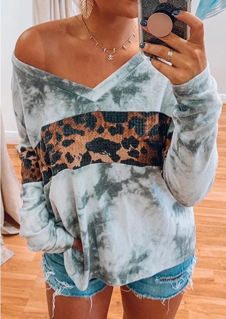 

Tie Dye Leopard Long Sleeve V-Neck Blouse, Multicolor, 514707