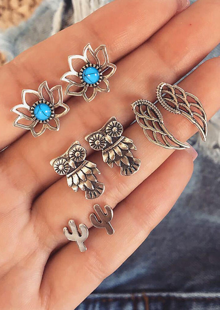 

8Pcs Bohemian Turquoise Owl Wing Earring Set, Silver, 514710
