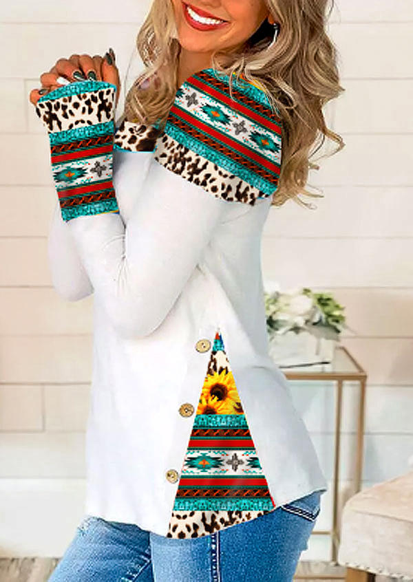 

Sunflower Leopard Splicing Button Blouse, Multicolor, 514766