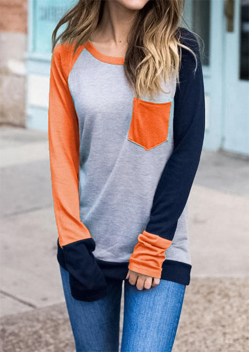 

Color Block Pocket Long Sleeve T-Shirt Tee, Multicolor, 514770