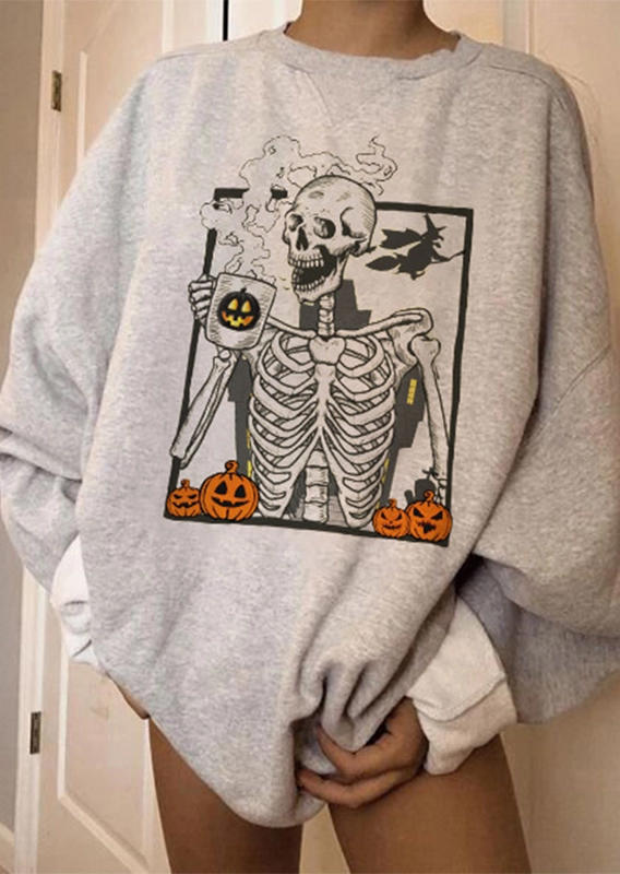 Buy Pumpkin Face Skeleton Long Sleeeve Sweatshirt - Beige. Picture