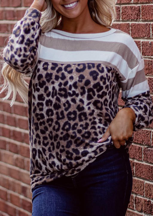 

Leopard Striped Splicing Long Sleeve Blouse, Multicolor, 514803
