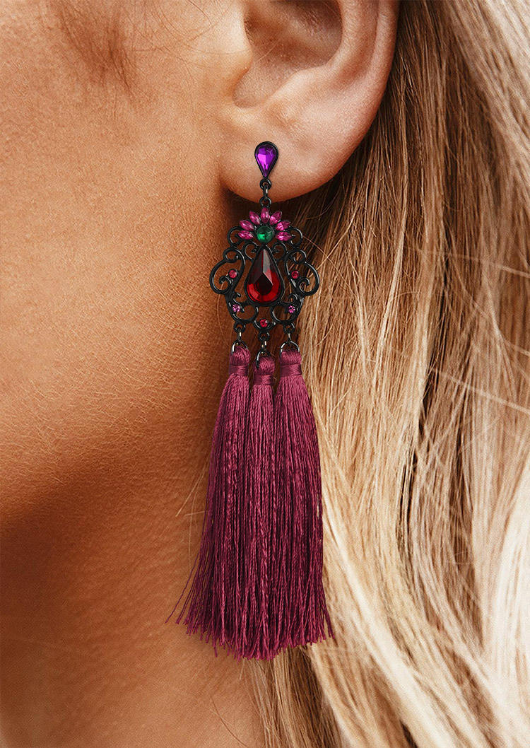 

Bohemian Floral Rhinestone Tassel Earrings, Plum, 512142