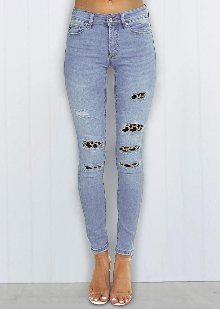 

Leopard Ripped Pocket Denim Jeans - Light Blue, 513236