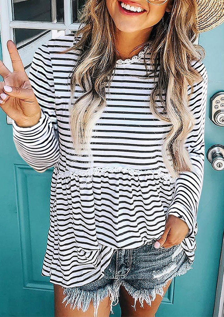 

Striped Lace Long Sleeve Blouse, Stripe, 514324