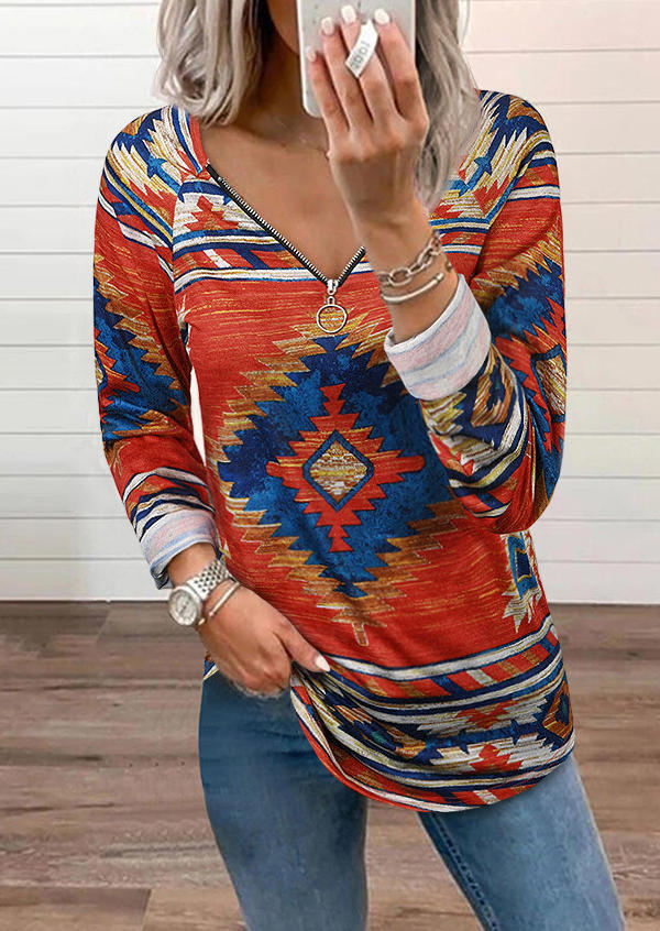 

Aztec Geometric Zipper Collar Raglan Sleeve Blouse - Orange, 514326
