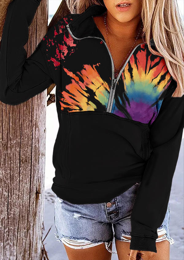 

Tie Dye Zipper Collar Pocket Sweatshirt - Black, 514349