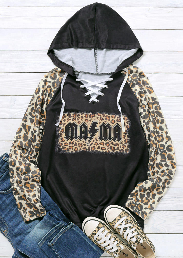 Leopard Mama Lace Up Raglan Sleeve Hoodie - Black