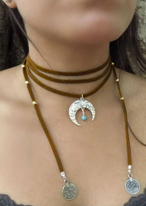 

Moon Turquoise Disc Pendant Multi-Layered Necklace, Black;light brown, 514470