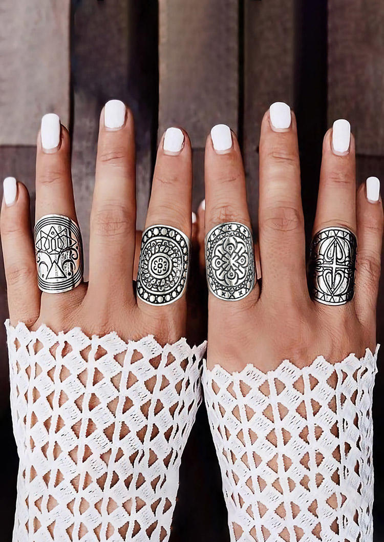 

4Pcs Bohemian Floral Geometric Alloy Ring Set, Silver, 514757