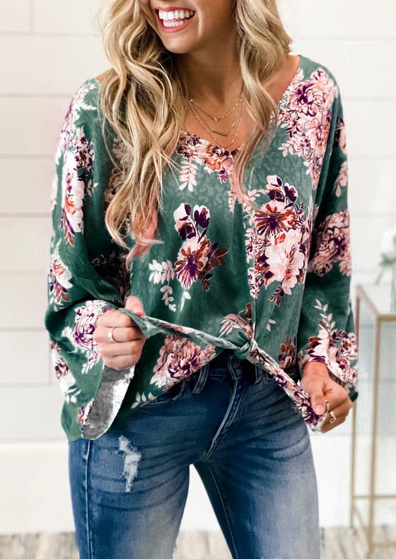 

Floral V-Neck Long Sleeve Blouse - Green, 514835