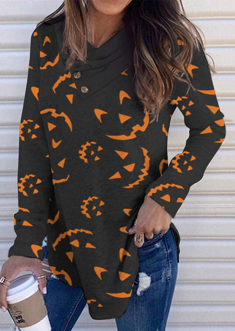 

Halloween Pumpkin Face Button Long Sleeve Blouse - Black, 514903