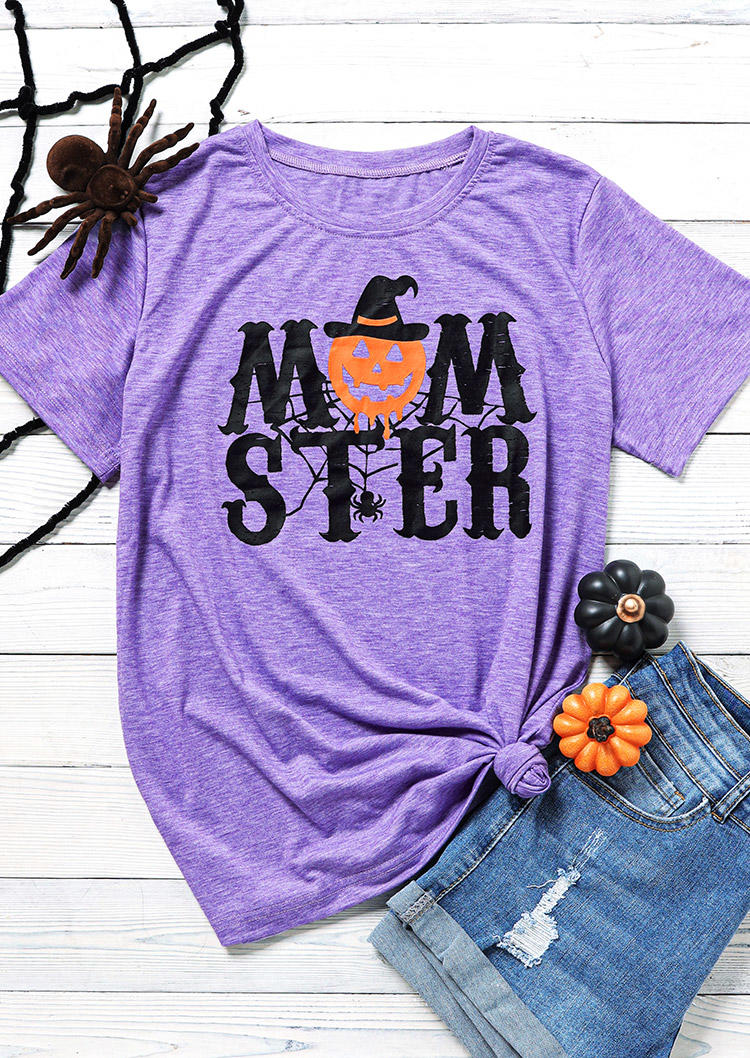 Halloween Mom Ster Pumpkin Face T-Shirt Tee - Purple