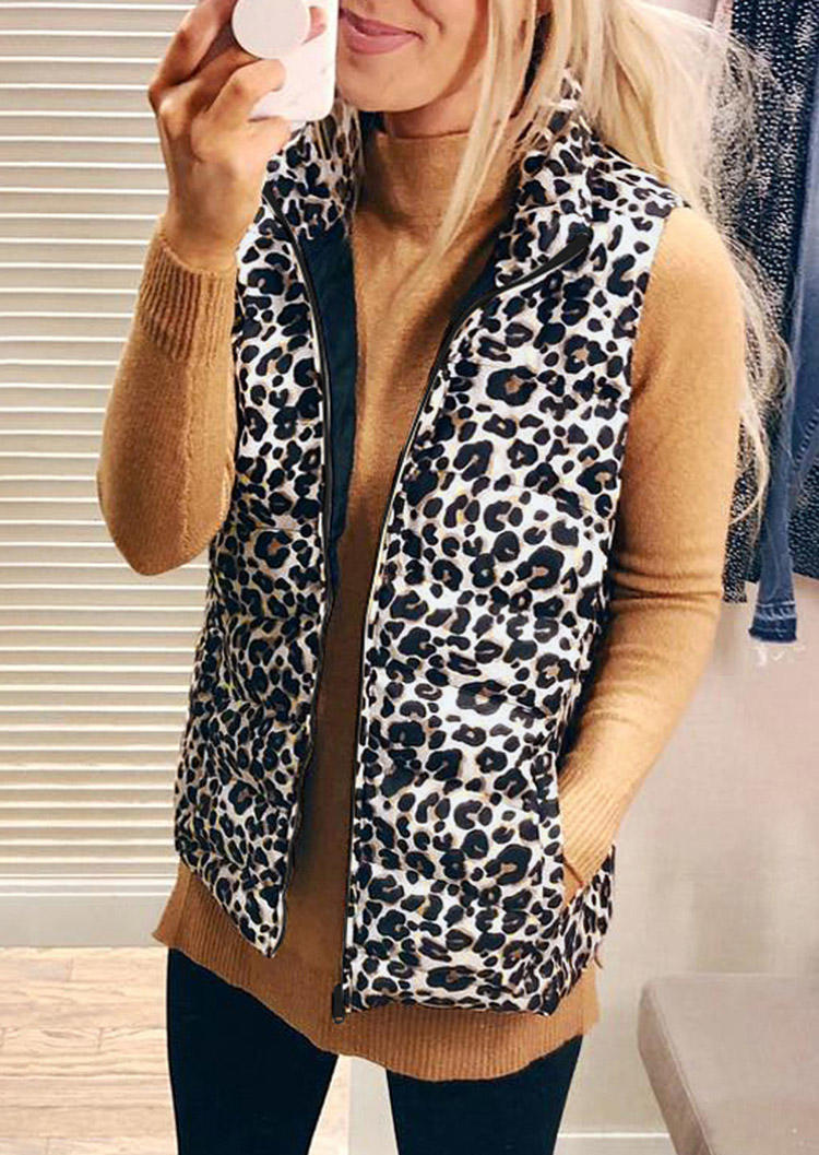 

Leopard Pocket Zipper Sleeveless Vest Coat, 514526