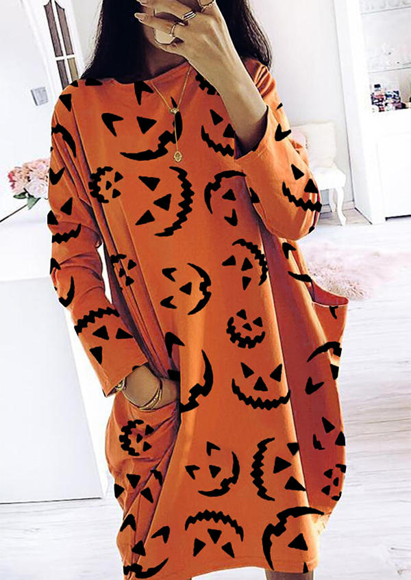 

Halloween Pumpkin Face Pocket Mini Dress - Orange, 514629