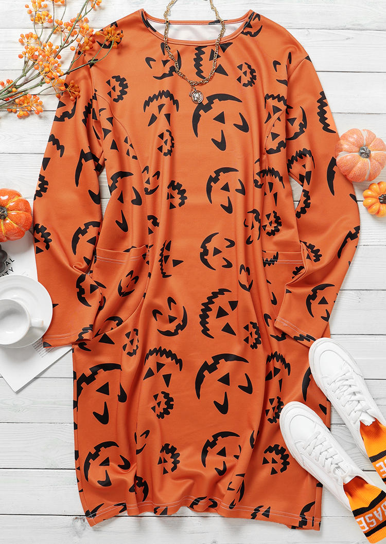 Pumpkin Face Pocket Mini Dress - Orange