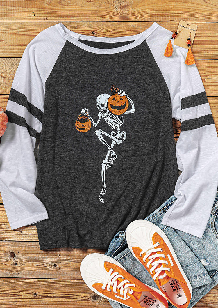 Skeleton Pumpkin Face T-Shirt Tee - Dark Grey