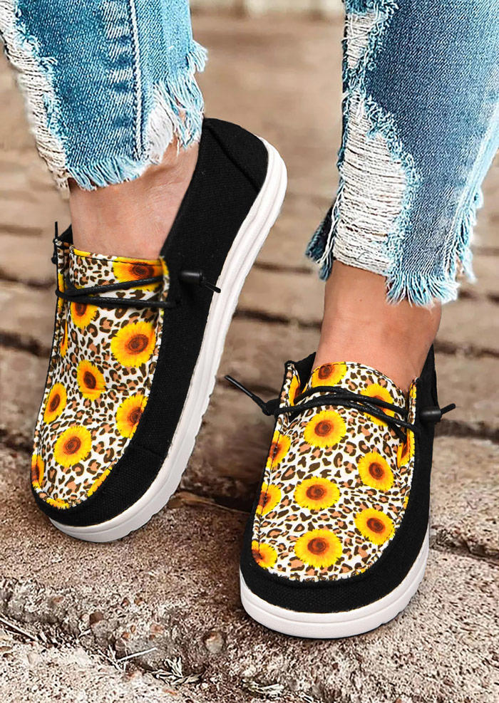 

Leopard Sunflower Slip On Flat Canvas Sneakers - Black, 514658