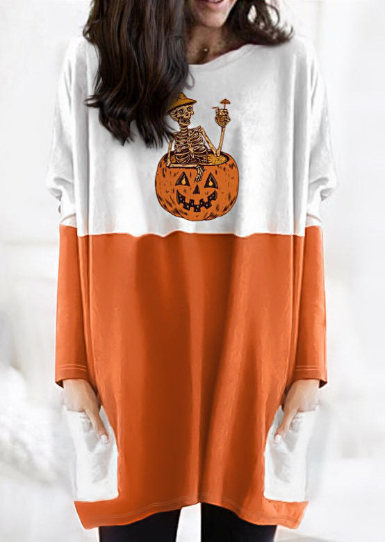 

Halloween Pumpkin Face Skull Pocket Mini Dress - Orange, 514666