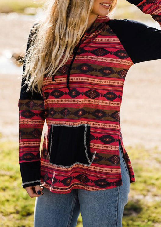 

Aztec Geometric Splicing Slit Kangaroo Pocket Hooded Blouse, Multicolor, 514861