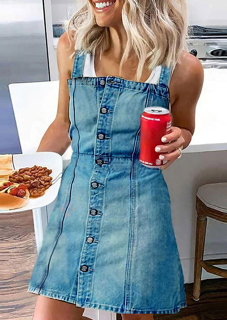 

Button Denim Overall Mini Dress - Blue, 514946