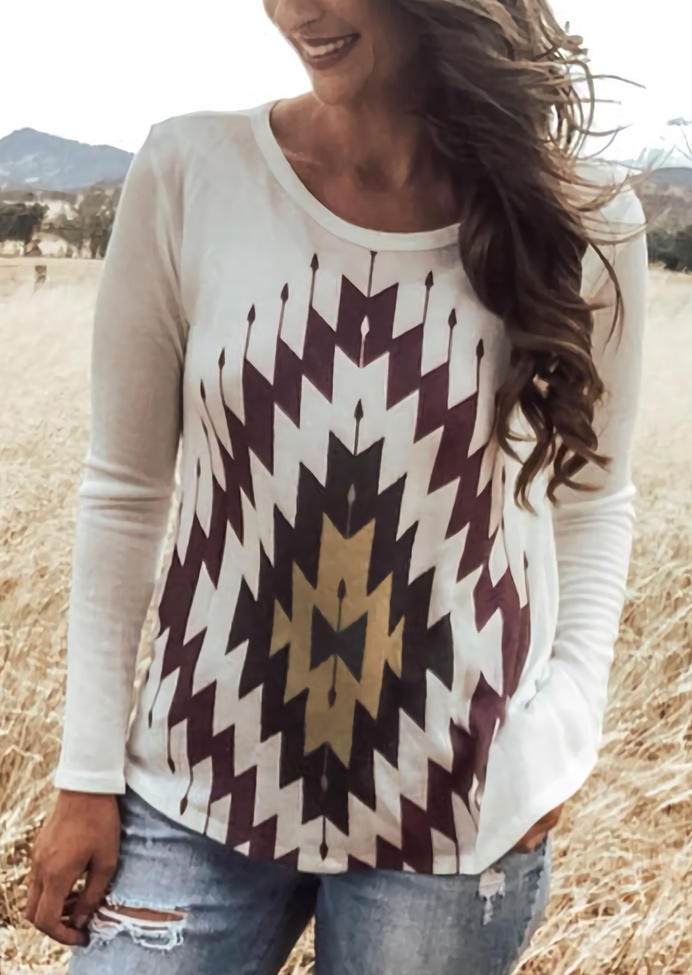 

Aztec Geometric Long Sleeve Blouse - White, 514948
