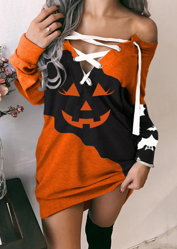 

Pumpkin Face Lace Up Mini Dress - Orange, 514950