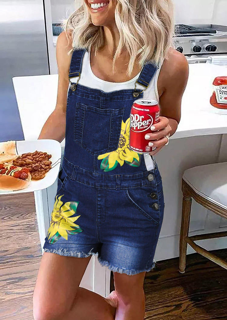

Sunflower Pocket Button Denim Overall Romper - Blue, 512723