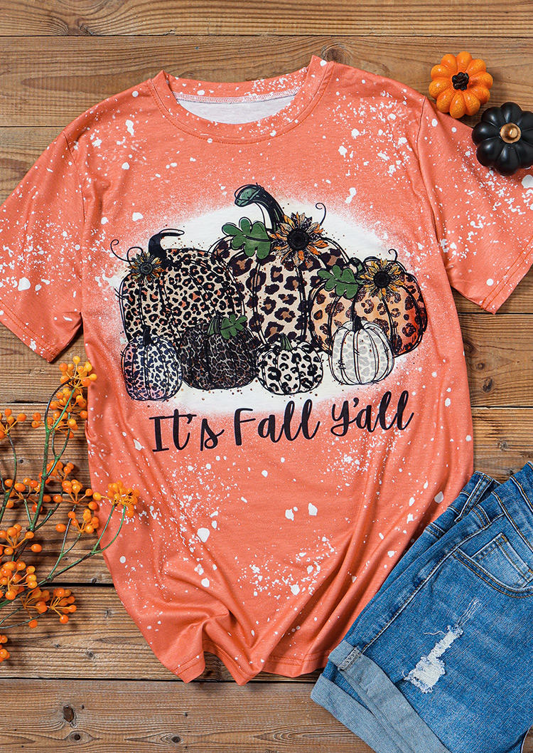 It's Fall Y'all Leopard Pumpkin T-Shirt Tee - Orange