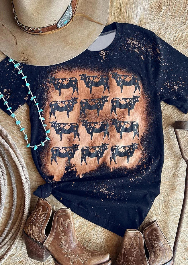 

Western Cattle Bleached T-Shirt Tee - Navy Blue, 514291