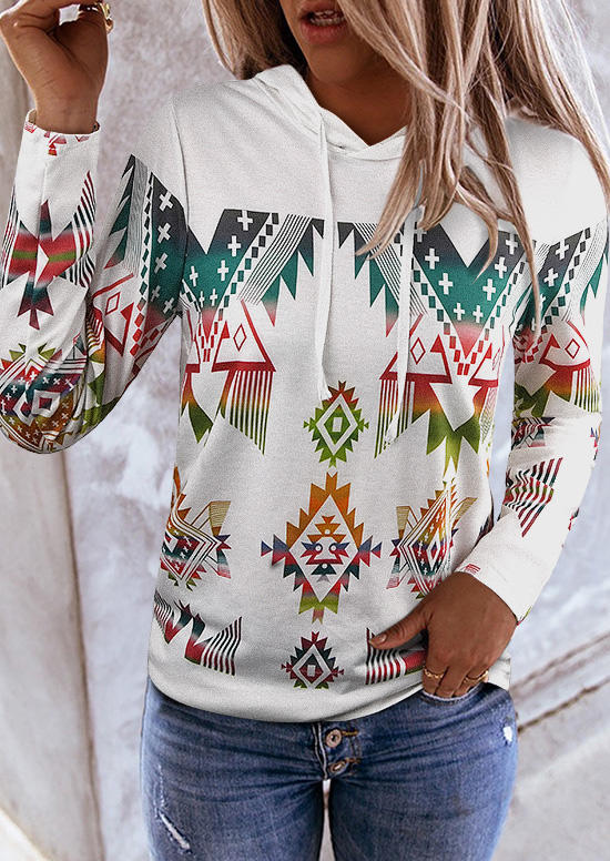 

Aztec Geometric Drawstring Long Sleeve Hoodie, Multicolor, 514627