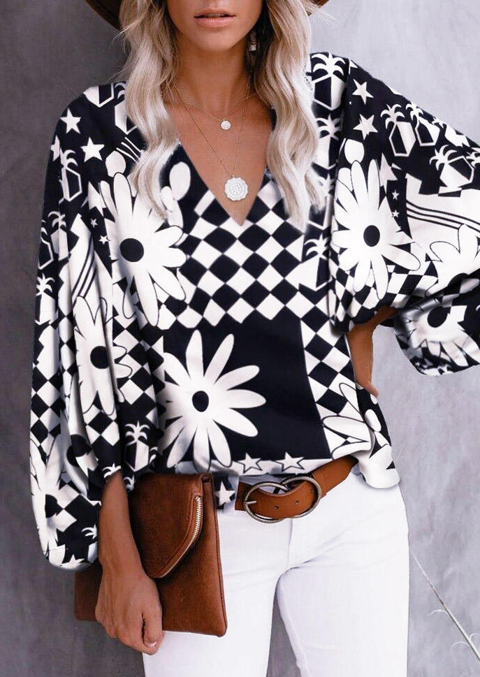 

Floral Geometric Lantern Sleeve Blouse - White, 514696