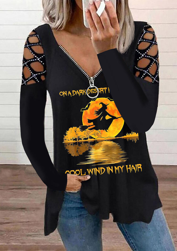 

Halloween Witch Zipper Collar Long Sleeve Blouse - Black, 514708