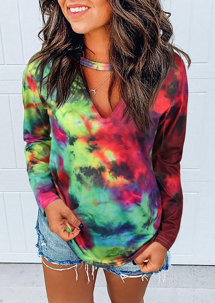 

Reverse Tie Dye Rainbow Keyhole Neck Blouse - Rose Red, 514712