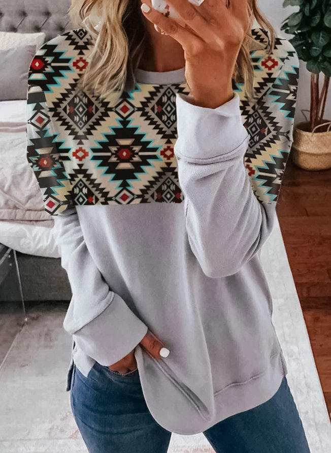 

Aztec Geometric Long Sleeve O-Neck Sweatshirt, Multicolor, 514727