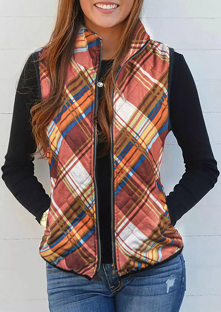 

Plaid Zipper Sleeveless Vest Coat, Multicolor, 514740