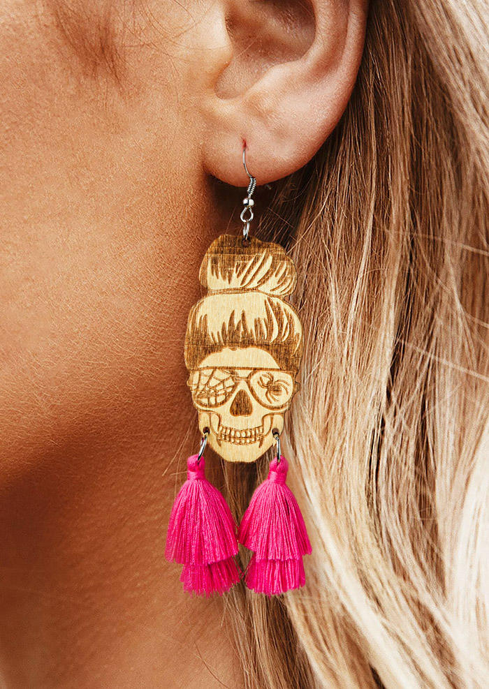 

Halloween Skull Tassel Hook Earrings, Rose red, 514768