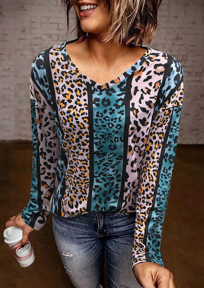 

Leopard Long Sleeve V-Neck Blouse, Multicolor, 514818