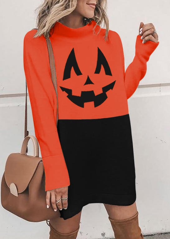 

Halloween Pumpkin Face Long Sleeve Mini Dress - Orange, 514995