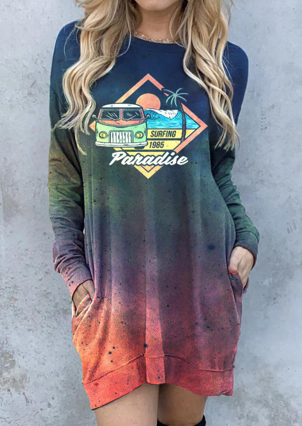 

Camping Truck Gradient Pocket Long Sleeve Mini Dress, Multicolor, 515073