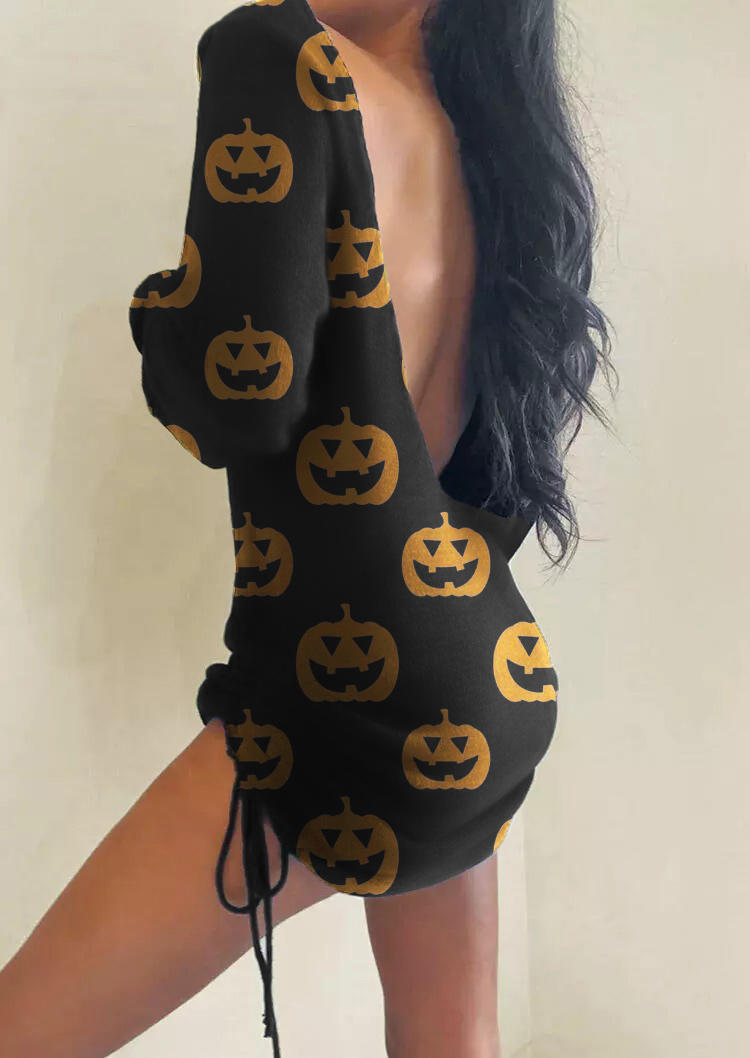 

Halloween Pumpkin Face Open Back Drawstring Mini Dress - Black, 515074