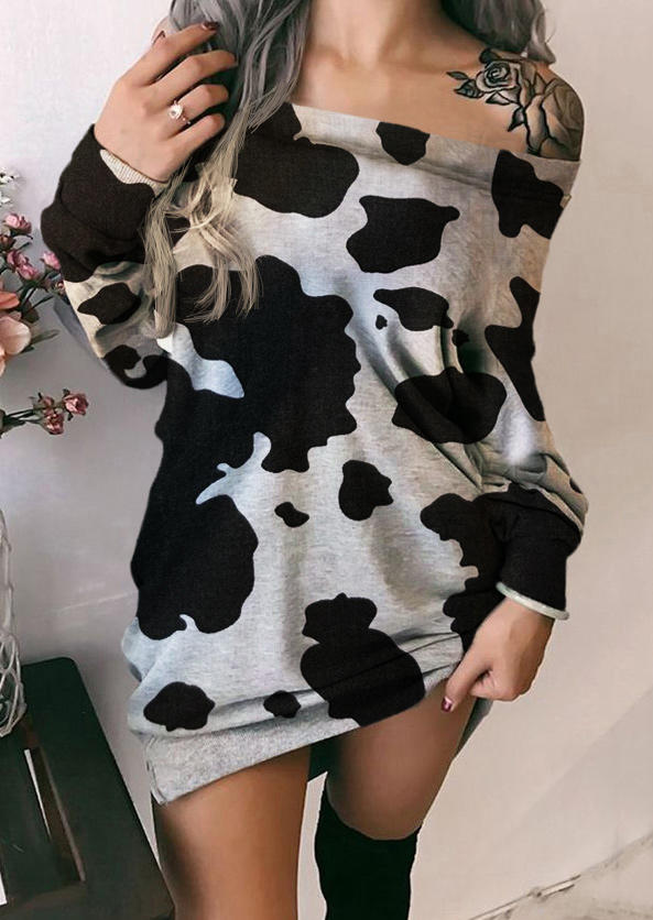

Cow Long Sleeve Off Shoulder Mini Dress - Gray, 515076