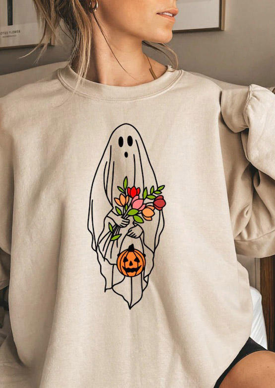 

Pumpkin Ghost Floral Sweatshirt - Beige, Apricot, 515106