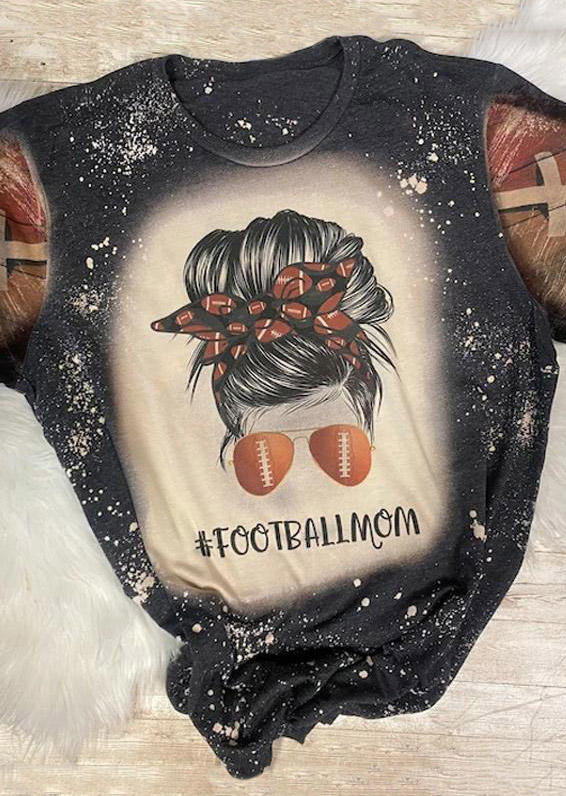 Football Mom Bleached O-Neck T-Shirt Tee - Black