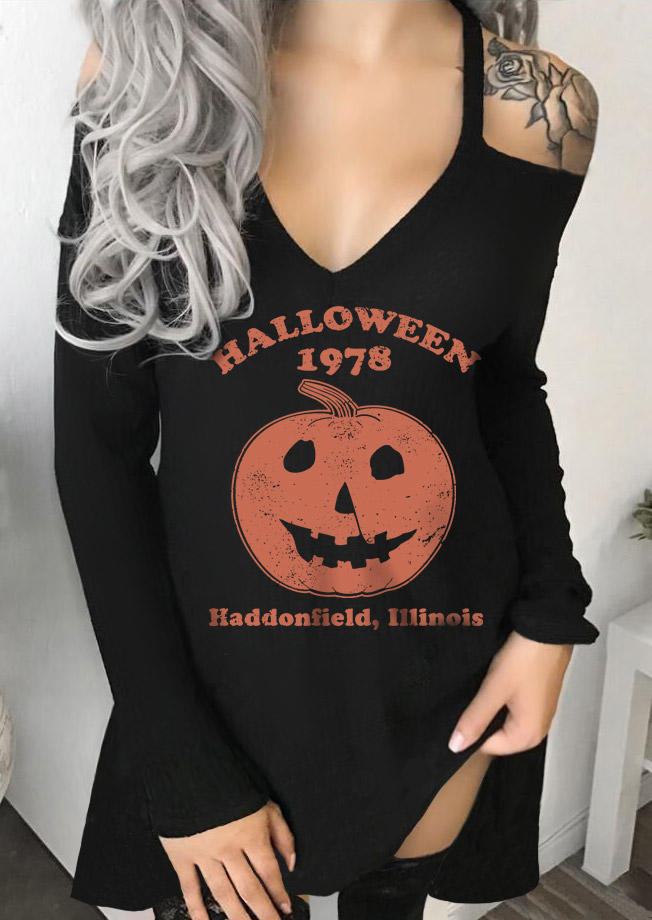 

Halloween Pumpkin Face Cold Shoulder Mini Dress - Black, 514570