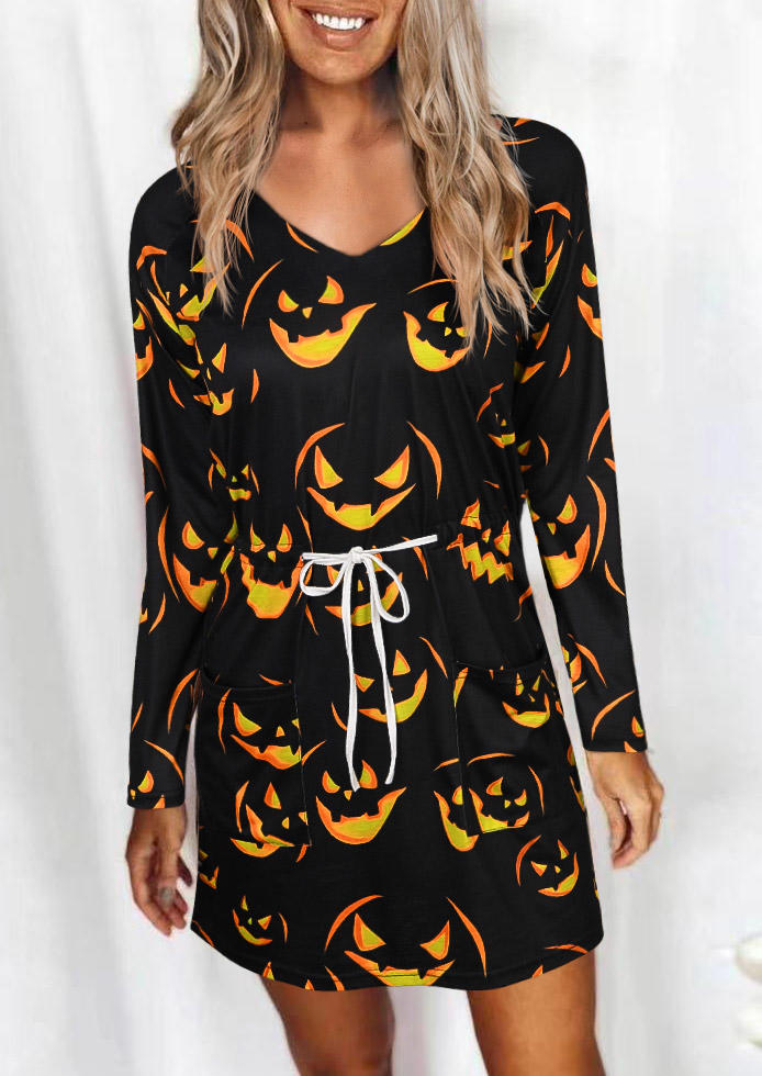 Halloween Pumpkin Face Drawstring V-Neck Mini Dress- Black