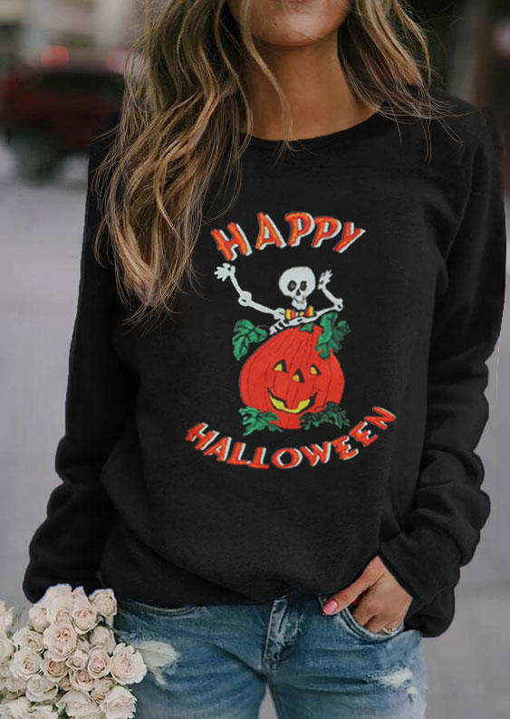 

Happy Halloween Pumpkin Skull Pullover Sweatshirt - Black, 514774