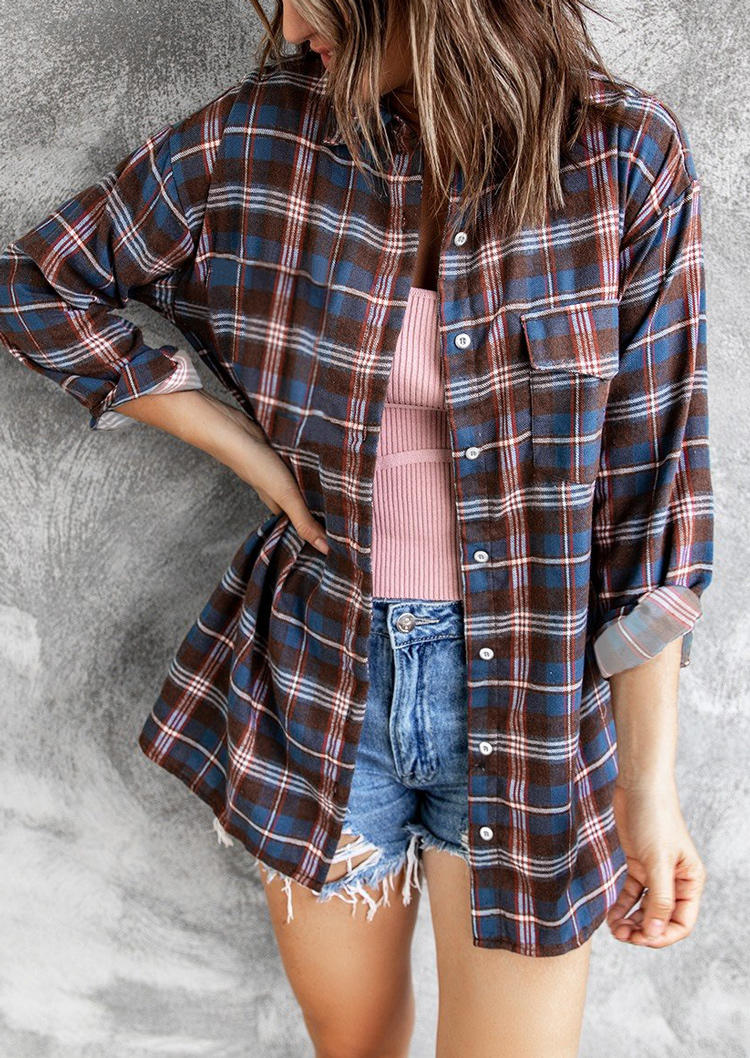 

Plaid Pocket Turn-Down Collar Shirt, Multicolor, 514844