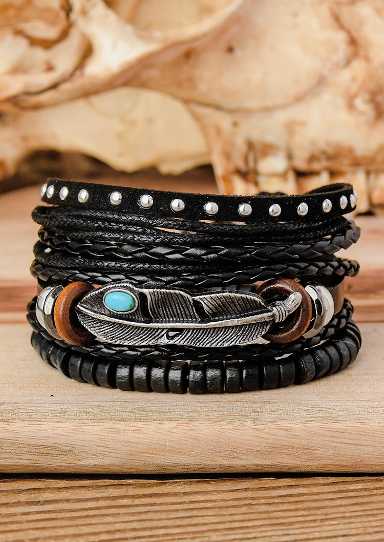 

3Pcs Turquoise Feather Beading Braided Bracelet, Black, 514907